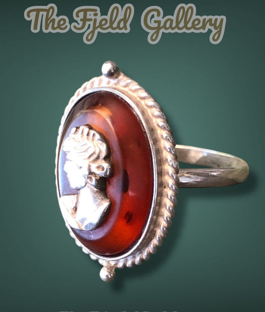 Vintage Sterling Silver & Baltic Amber Cast 925 Hallmarked Cameo Ring