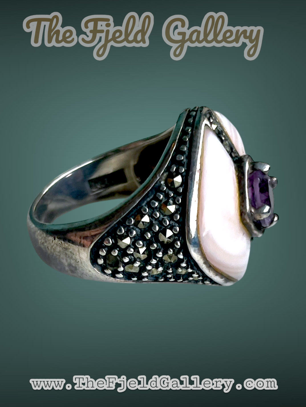Art Deco Sterling Silver Marcasite Amethyst & Mother of Pearl Cocktail ring