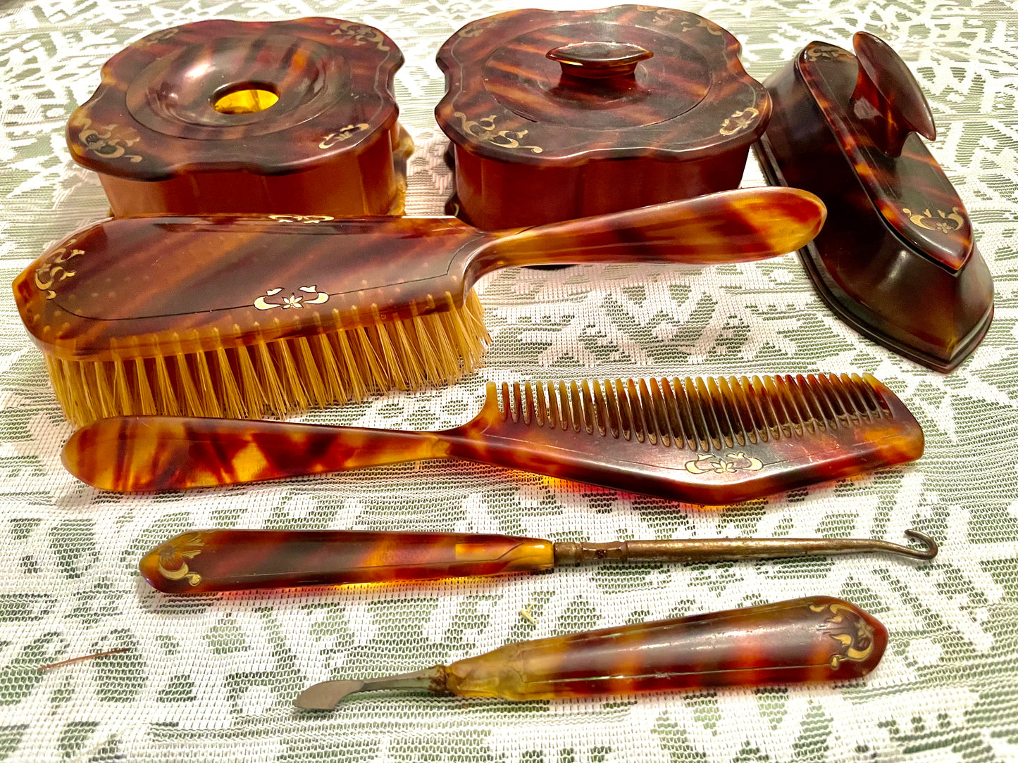 1920’s La Belle Tortoise Shell Pyralin Celluloid 7 pcs Vanity Set: Hand Mirror, Hair Brush & more