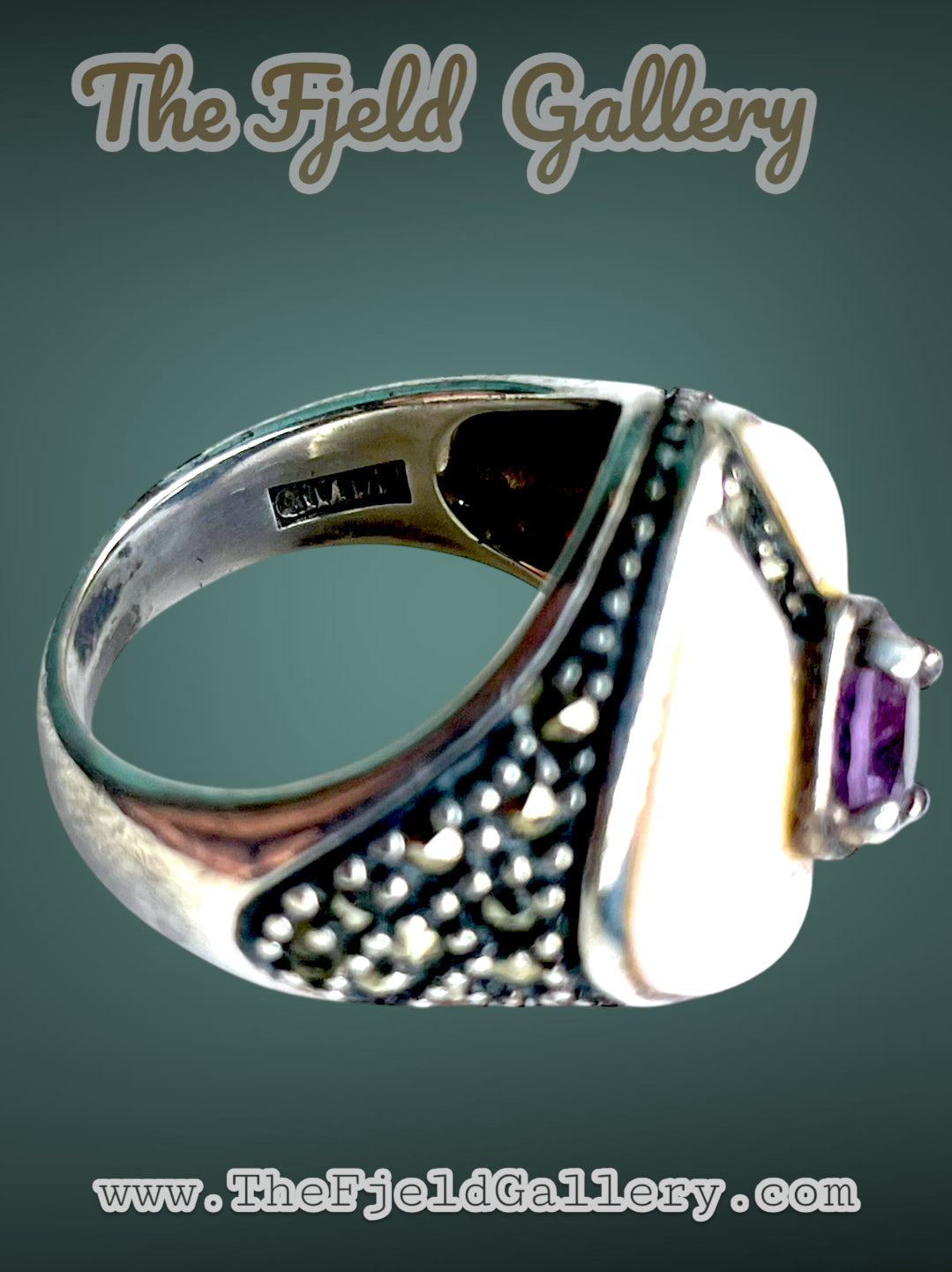 Art Deco Sterling Silver Marcasite Amethyst & Mother of Pearl Cocktail ring