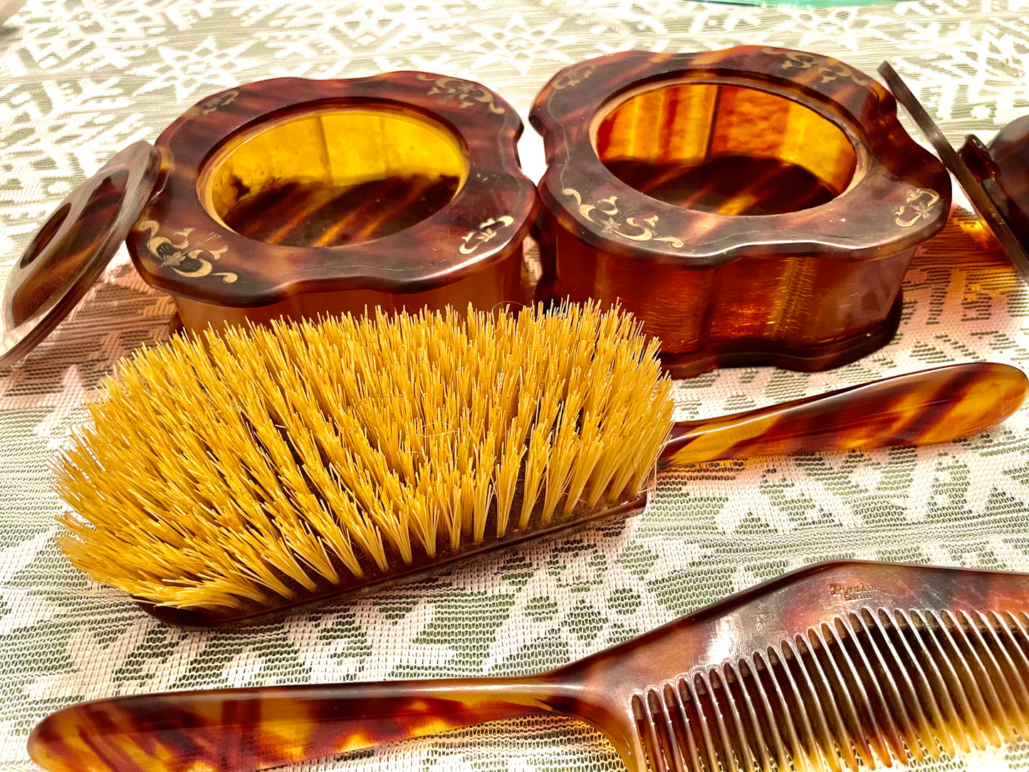 1920’s La Belle Tortoise Shell Pyralin Celluloid 7 pcs Vanity Set: Hand Mirror, Hair Brush & more