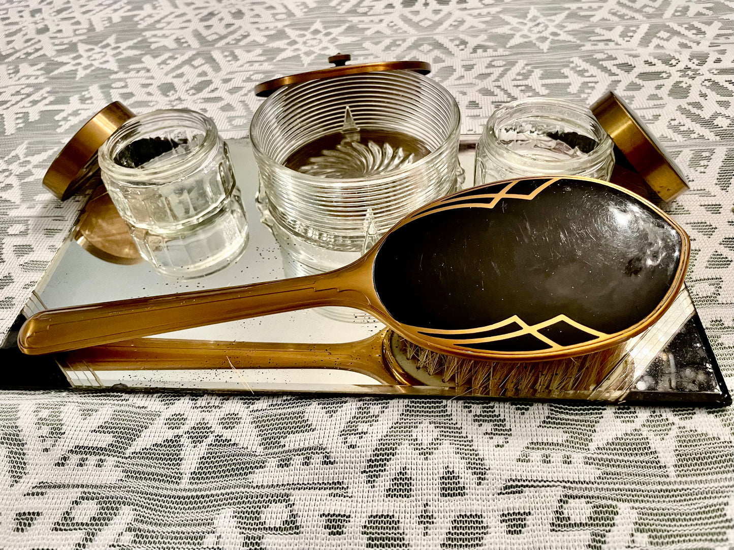1950’s Mid Century Modern Vintage Black, Gold & Glass Mirror Vanity Set: Hand mirror, Hairbrush & Glass Jars