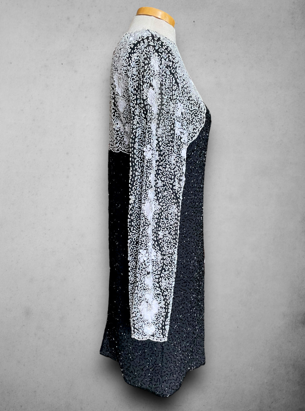 Vintage 1970’s Silk Black & White Glass Beaded, Sequin & Pearl Party Dress