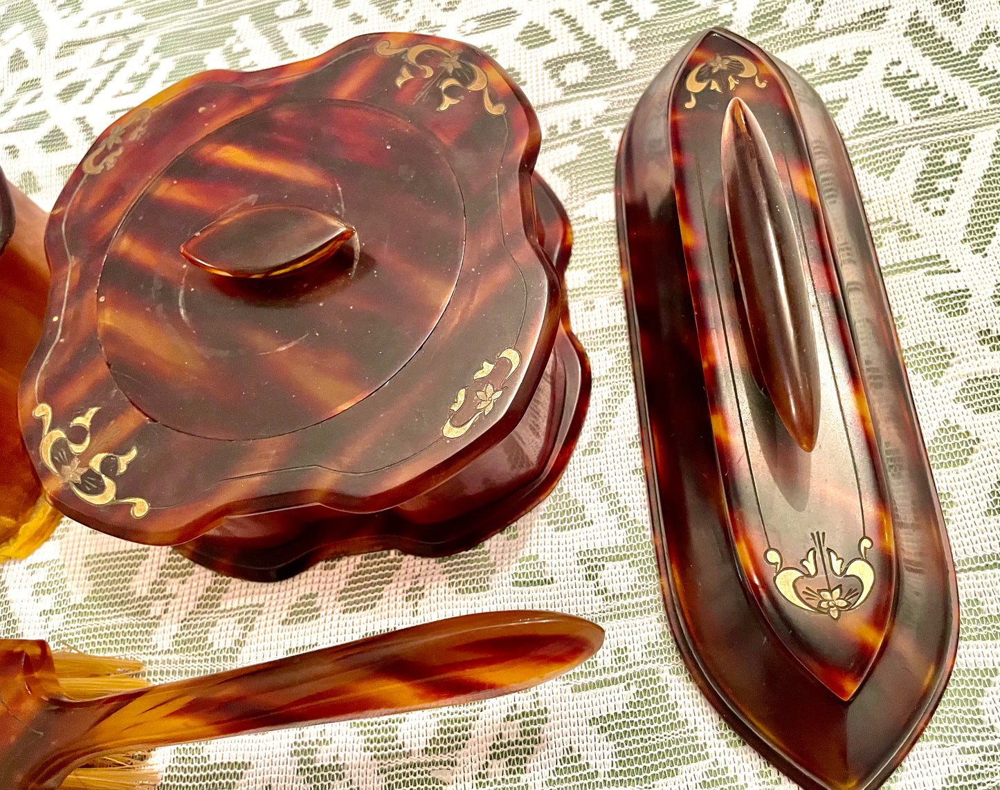 1920’s La Belle Tortoise Shell Pyralin Celluloid 7 pcs Vanity Set: Hand Mirror, Hair Brush & more