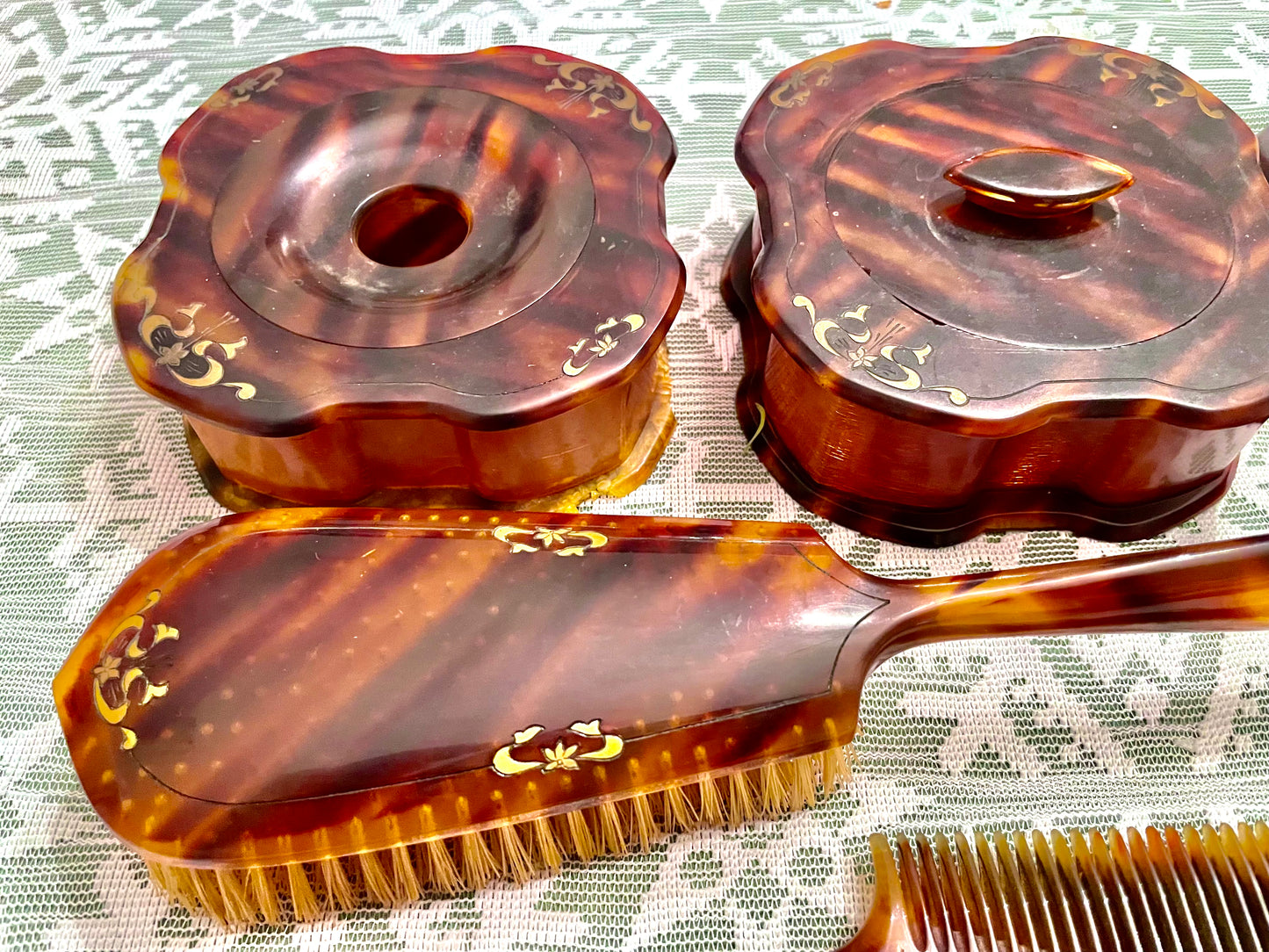 1920’s La Belle Tortoise Shell Pyralin Celluloid 7 pcs Vanity Set: Hand Mirror, Hair Brush & more