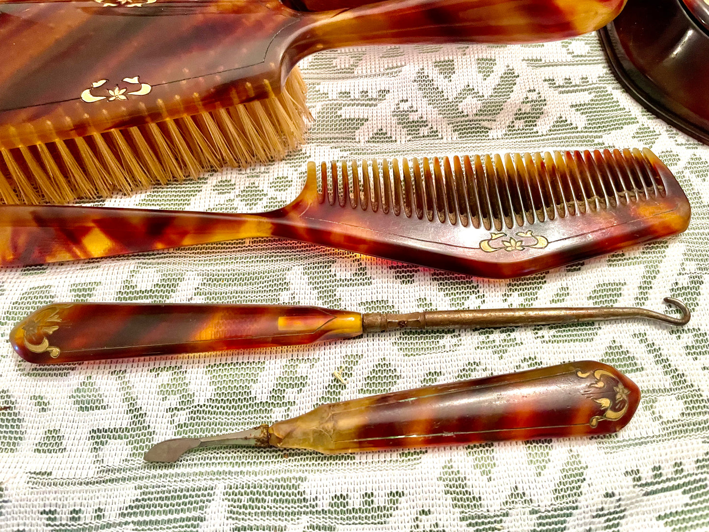 1920’s La Belle Tortoise Shell Pyralin Celluloid 7 pcs Vanity Set: Hand Mirror, Hair Brush & more