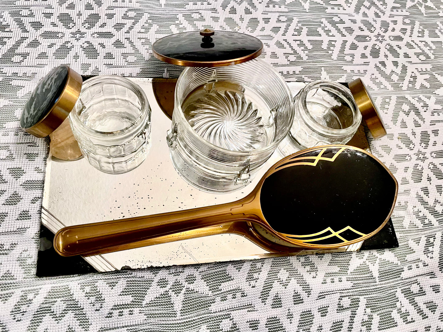 1950’s Mid Century Modern Vintage Black, Gold & Glass Mirror Vanity Set: Hand mirror, Hairbrush & Glass Jars