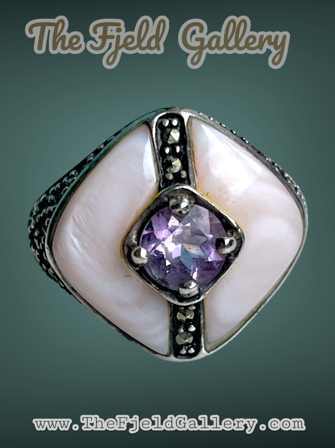 Art Deco Sterling Silver Marcasite Amethyst & Mother of Pearl Cocktail ring