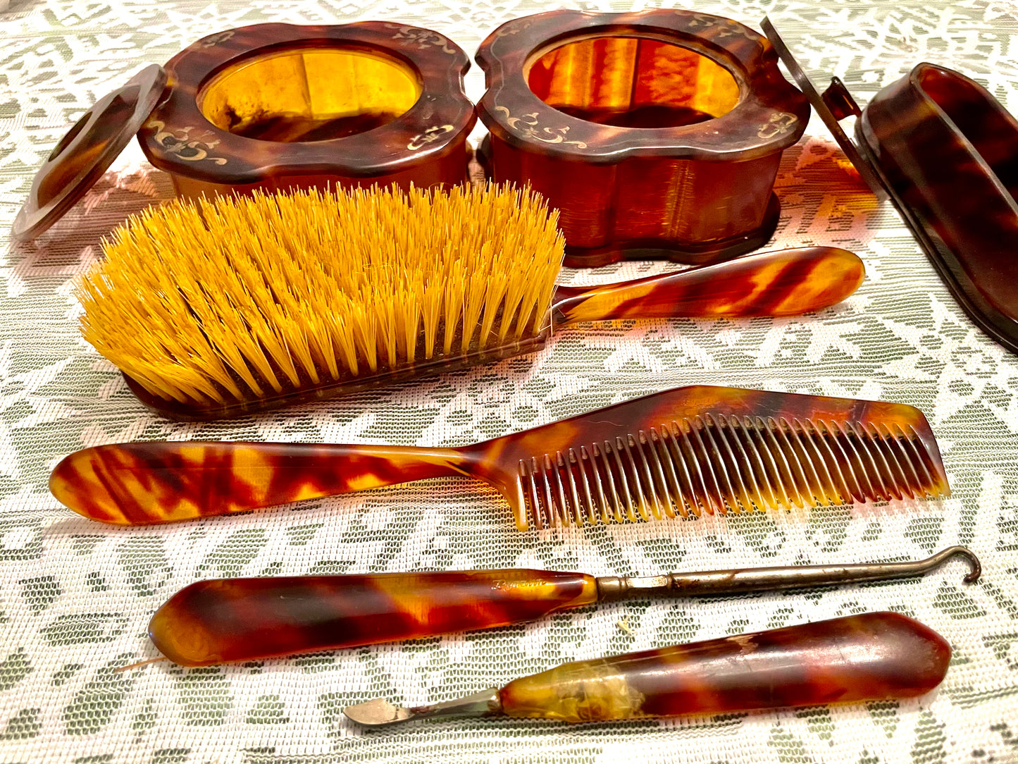 1920’s La Belle Tortoise Shell Pyralin Celluloid 7 pcs Vanity Set: Hand Mirror, Hair Brush & more