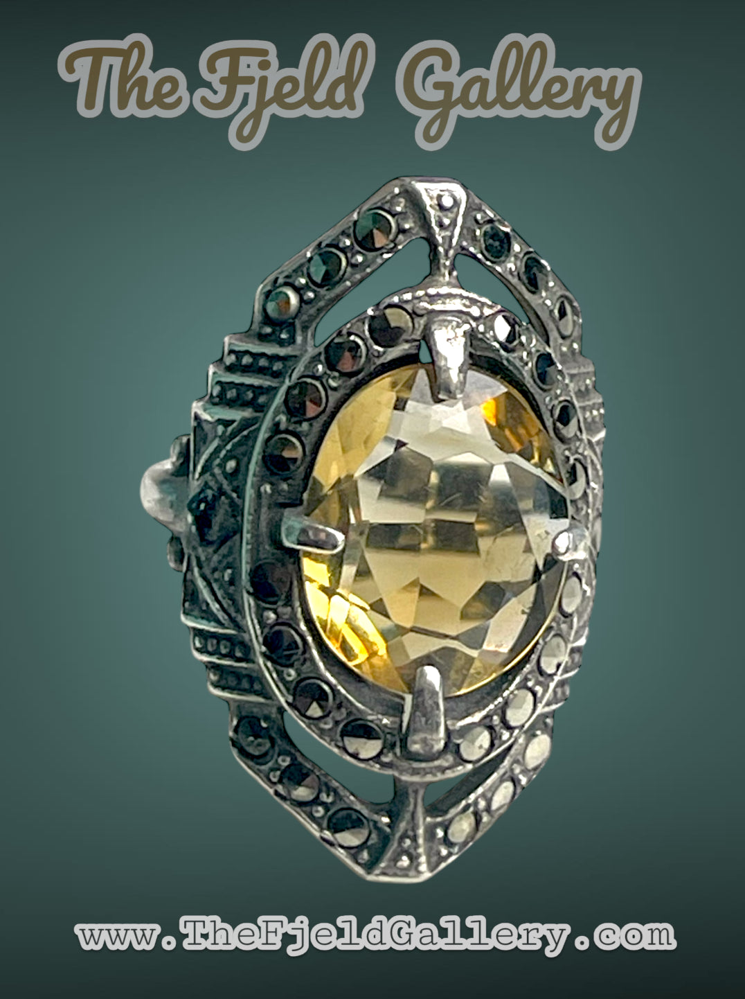 Citrine Art Deco Sterling Silver & Marcasite Ring