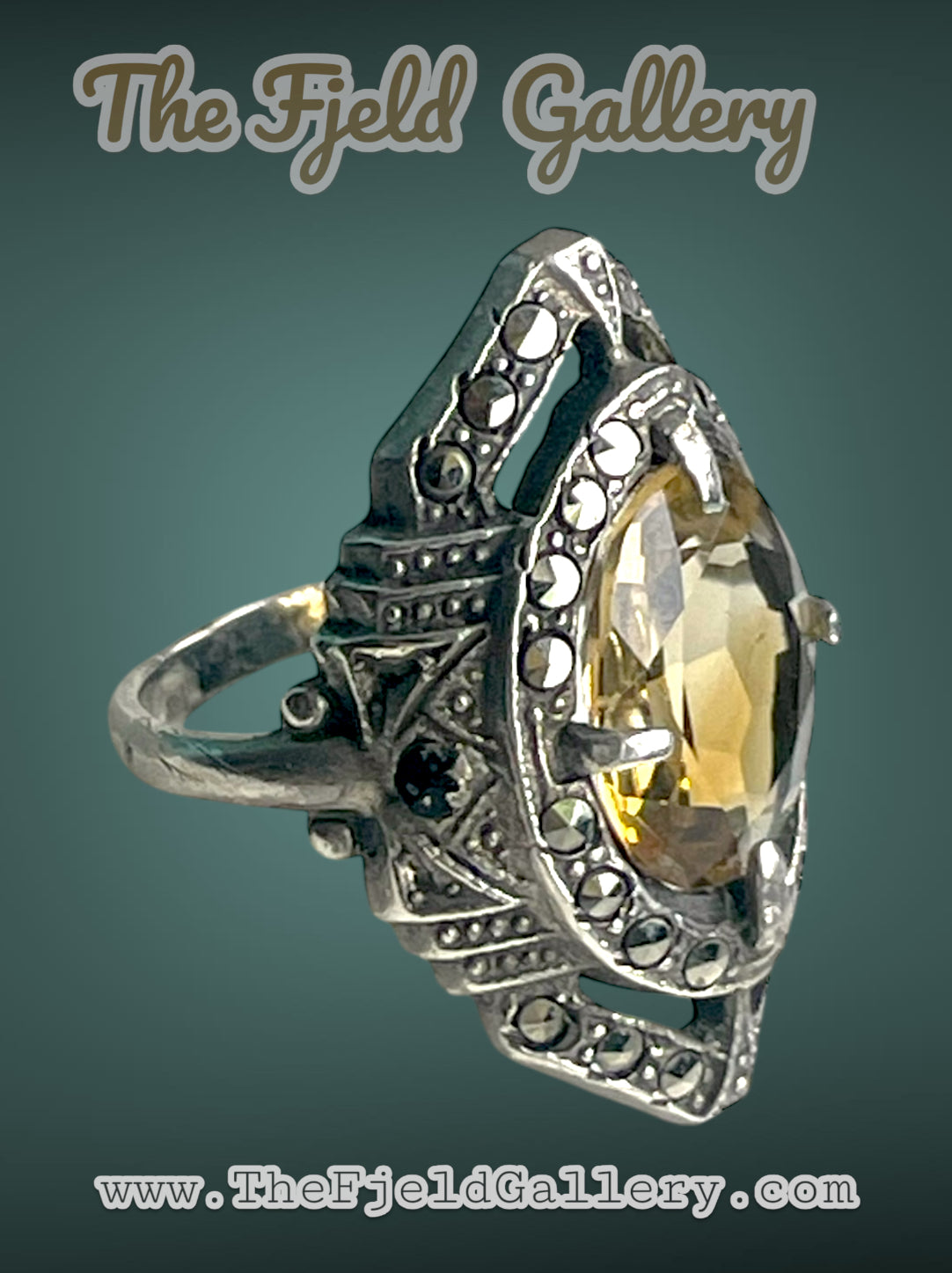 Citrine Art Deco Sterling Silver & Marcasite Ring