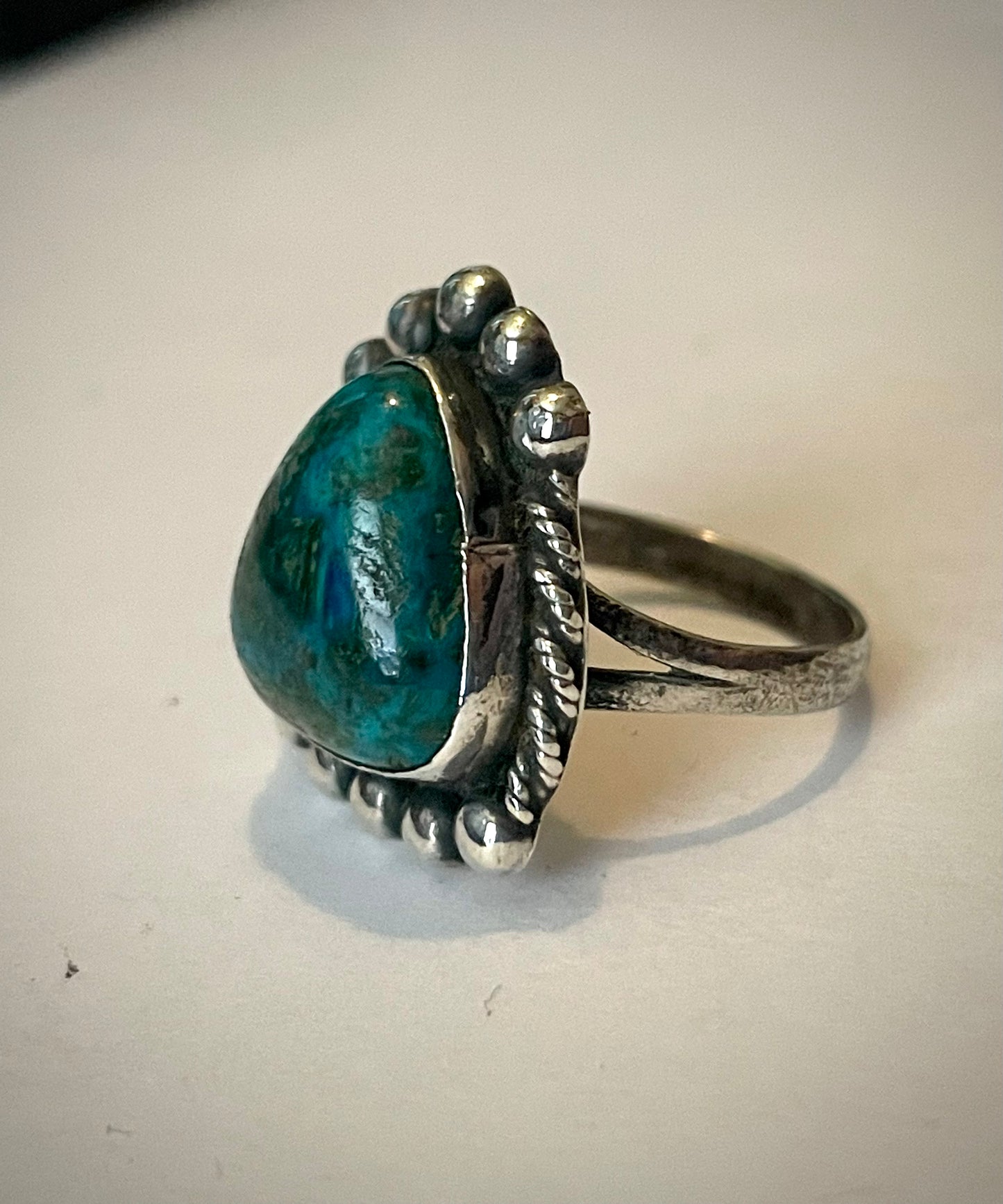 Vintage Triangle Turquoise Sterling Silver Native American Ring Signed sz 6.75