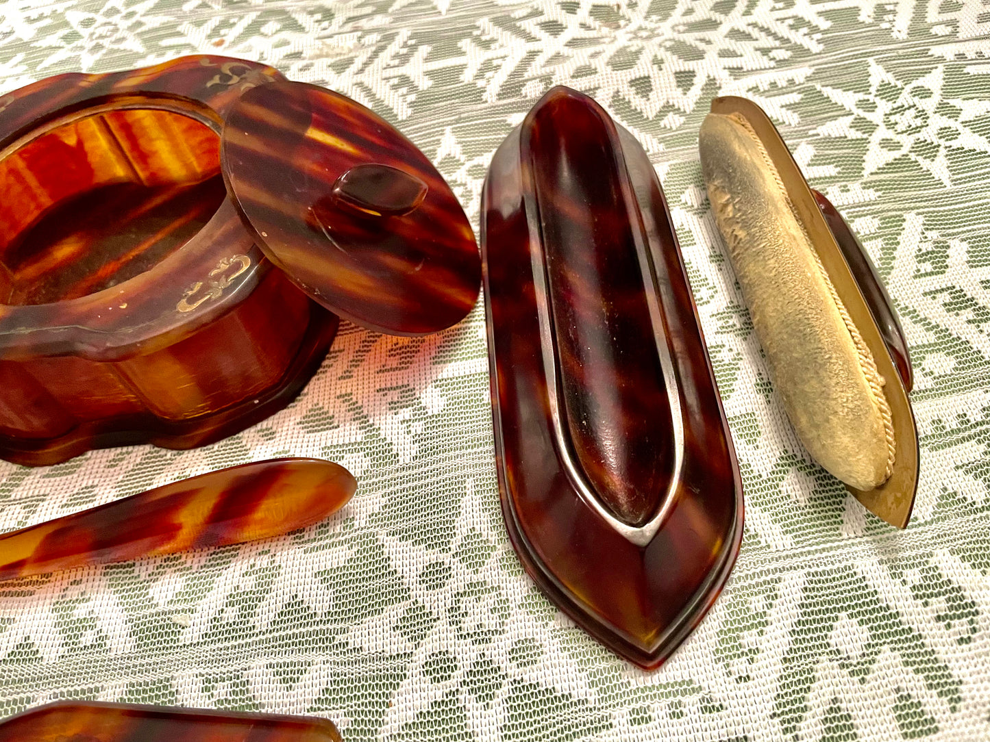 1920’s La Belle Tortoise Shell Pyralin Celluloid 7 pcs Vanity Set: Hand Mirror, Hair Brush & more