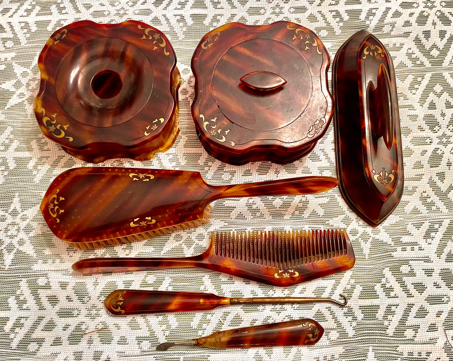 1920’s La Belle Tortoise Shell Pyralin Celluloid 7 pcs Vanity Set: Hand Mirror, Hair Brush & more