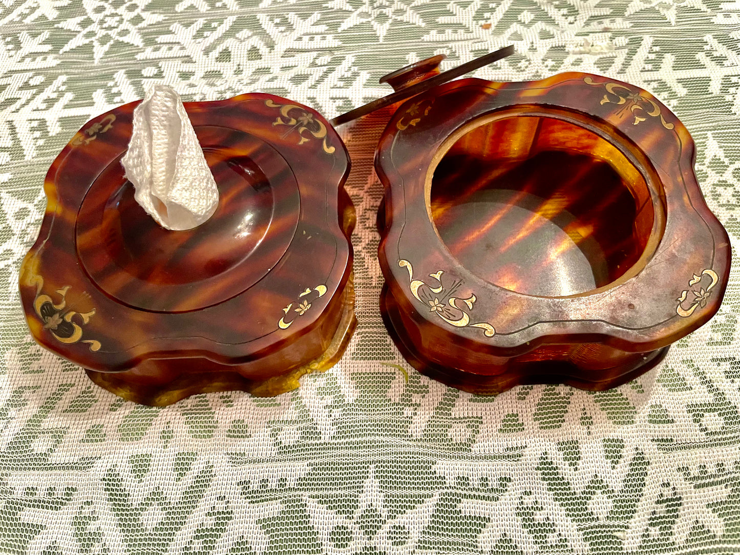 1920’s La Belle Tortoise Shell Pyralin Celluloid 7 pcs Vanity Set: Hand Mirror, Hair Brush & more