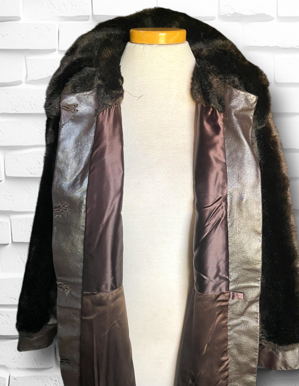 1970’s Vintage Faux Bear Fur & Genuine Leather Long Trench Coat Made in UK