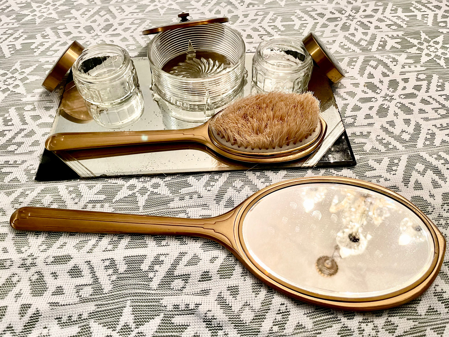 1950’s Mid Century Modern Vintage Black, Gold & Glass Mirror Vanity Set: Hand mirror, Hairbrush & Glass Jars
