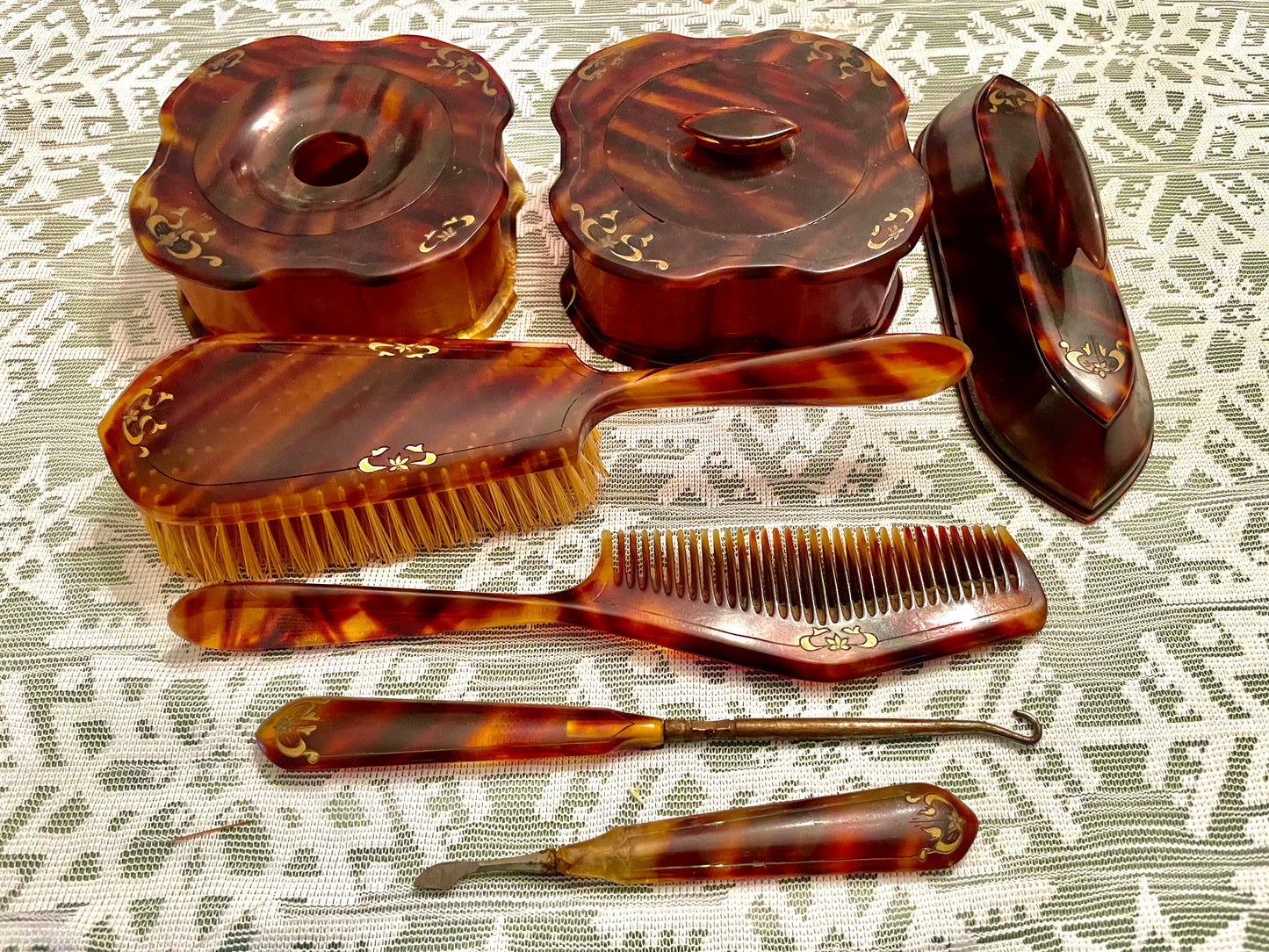 1920’s La Belle Tortoise Shell Pyralin Celluloid 7 pcs Vanity Set: Hand Mirror, Hair Brush & more