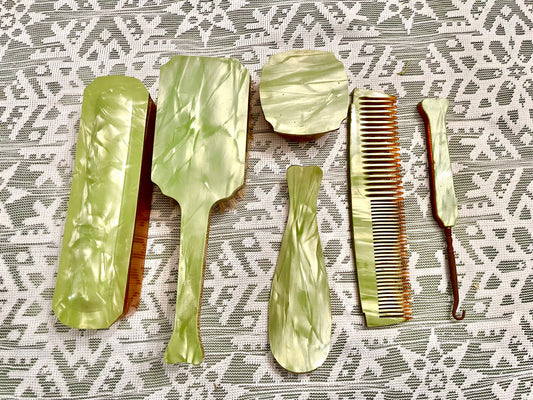 1920’s Green Marble Celluloid 7 pcs Vanity Set