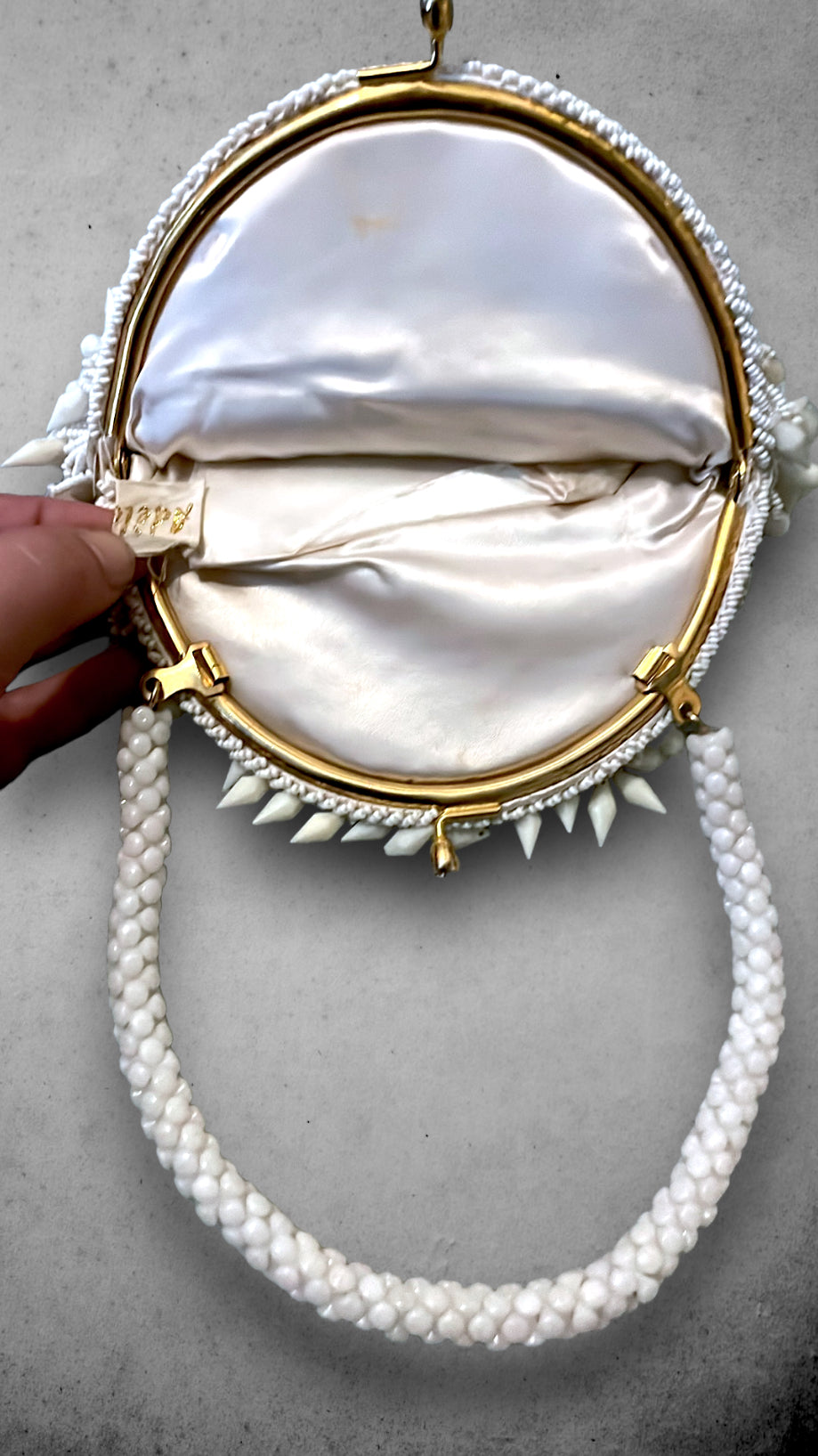 Vintage White Milk Glass Beaded Flapper Bag Purse