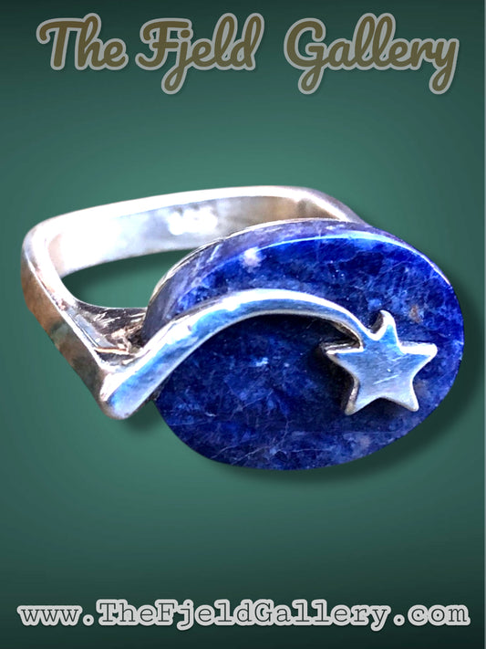 Modernist Sterling Silver Shooting Star Lapis Lazuli Gemstone Geometric Ring