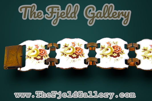 Vintage Copper Panel Bracelet with Flower Enamel Design