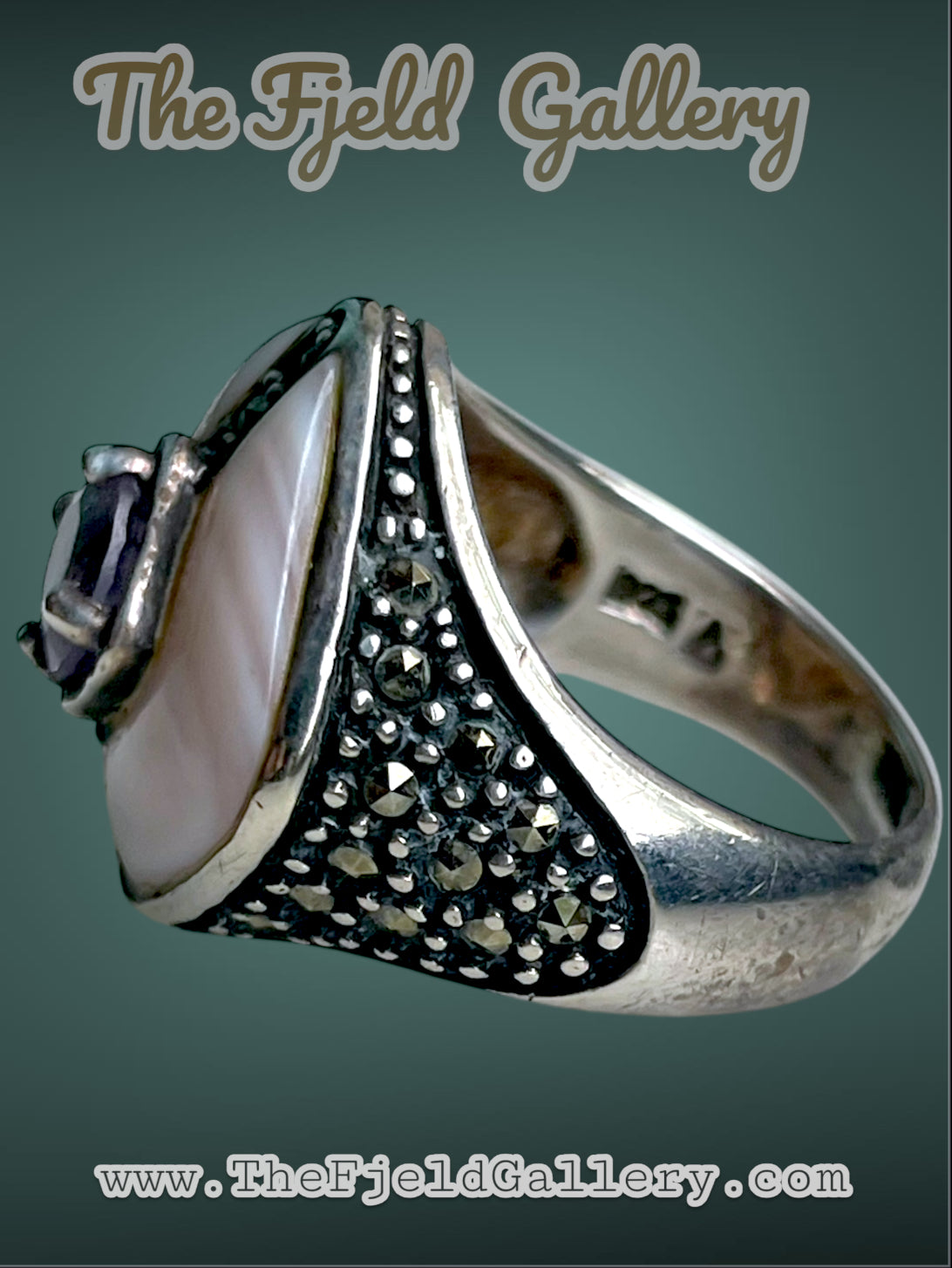 Art Deco Sterling Silver Marcasite Amethyst & Mother of Pearl Cocktail ring