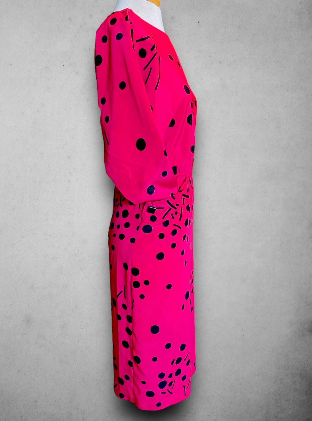 1980’s Pink Magenta Abstract Polka Dot Print Batwing Dress with Pockets