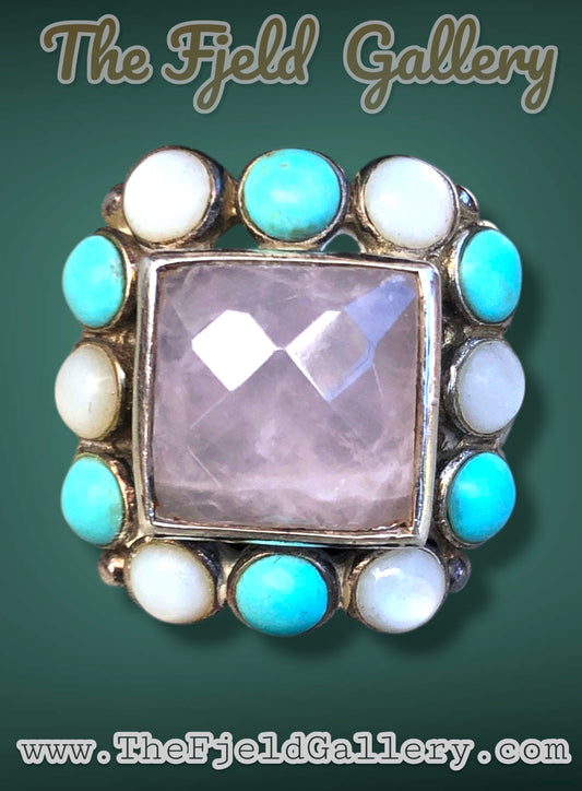 Rose Quartz Sterling Silver Turquoise & Mother of Pearl Gemstone Ring sz 6