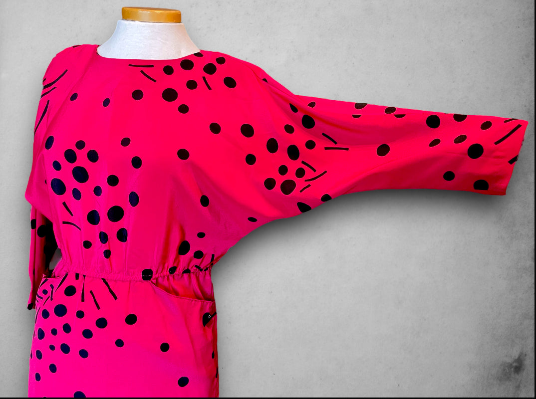 1980’s Pink Magenta Abstract Polka Dot Print Batwing Dress with Pockets