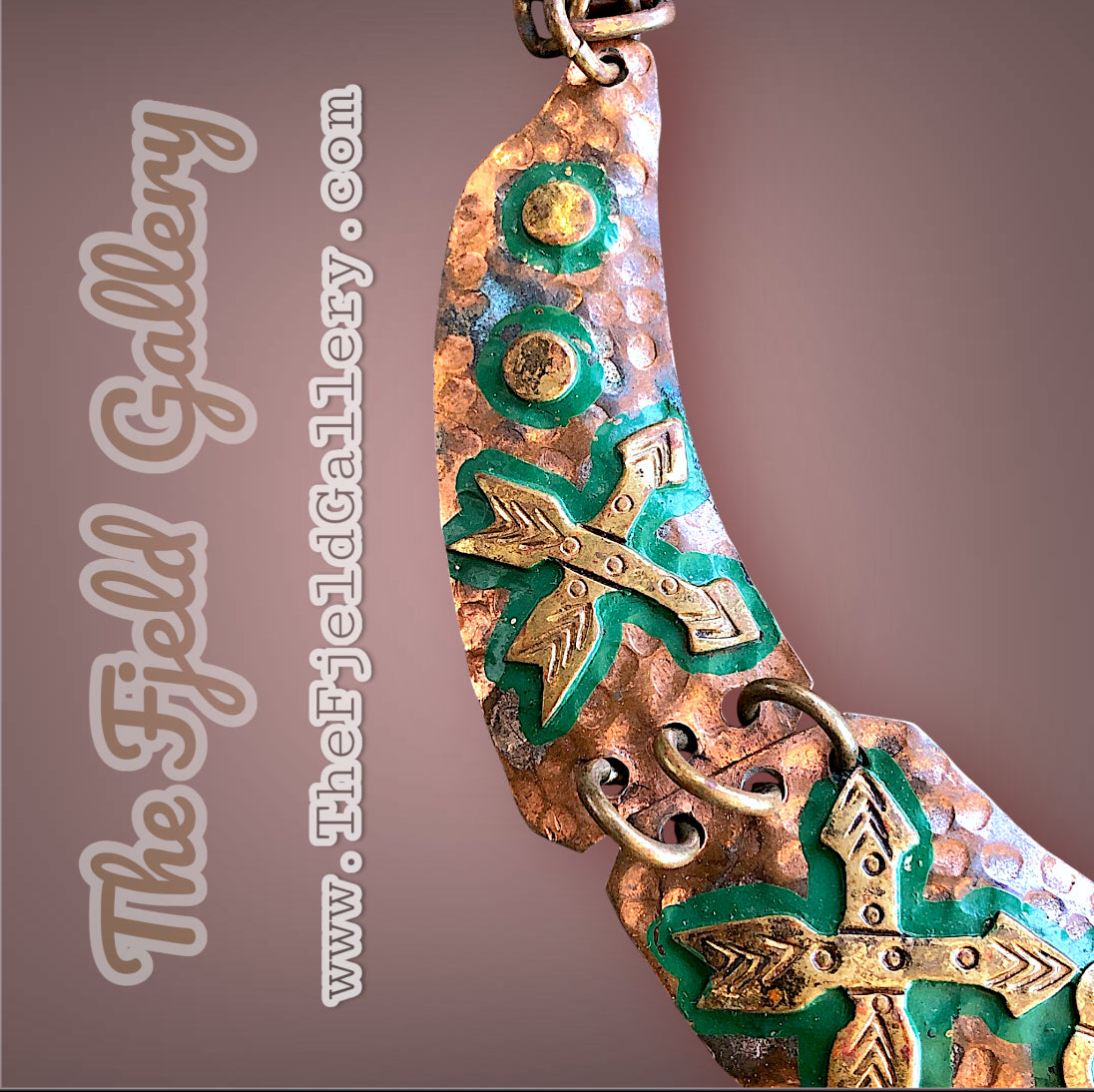 Mexican tribal hand hammered copper and brace tribal mask and arrow choker necklace