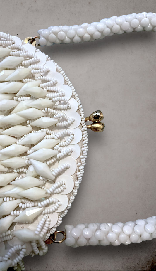 Vintage White Milk Glass Beaded Flapper Bag Purse