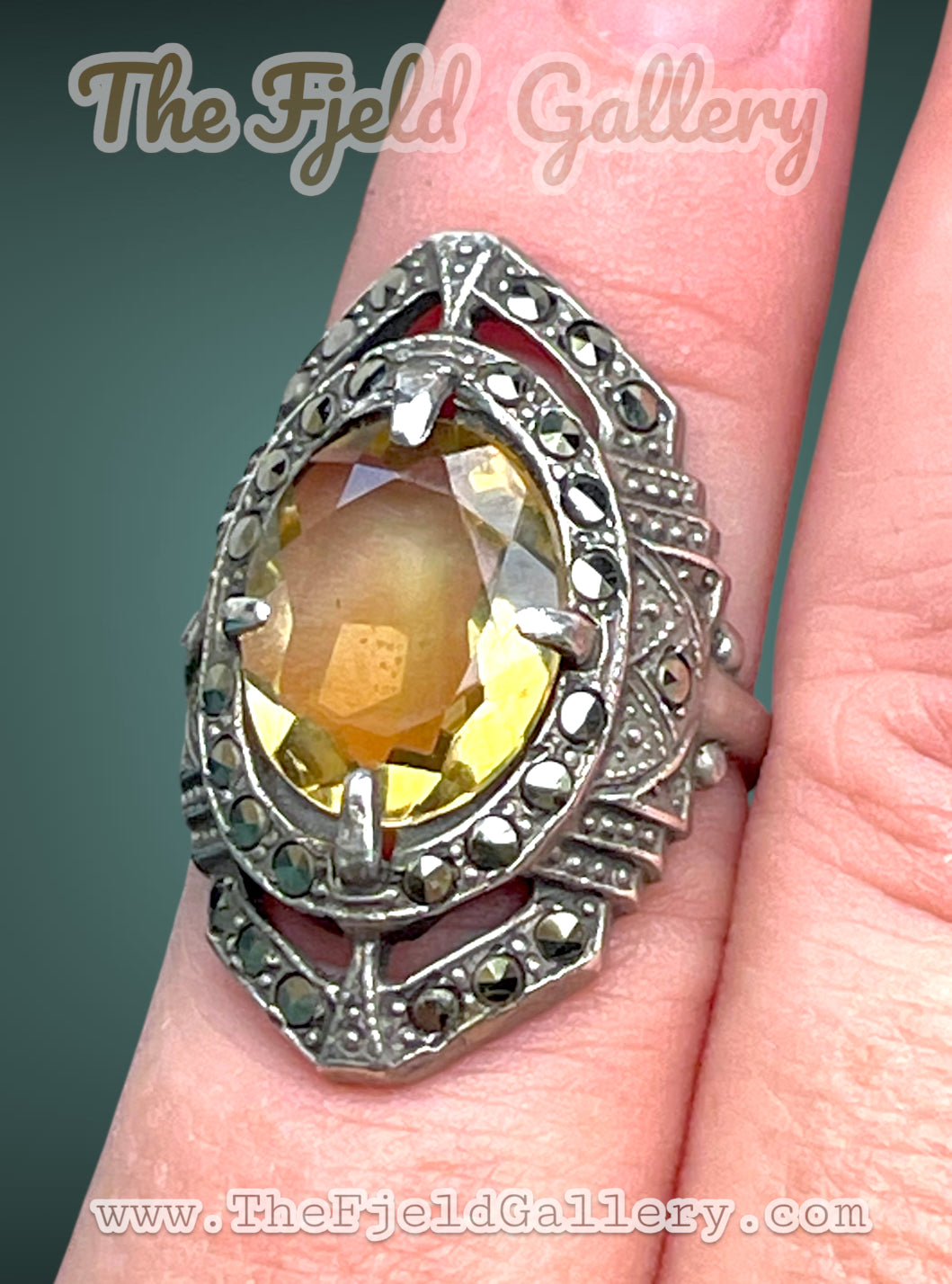Citrine Art Deco Sterling Silver & Marcasite Ring
