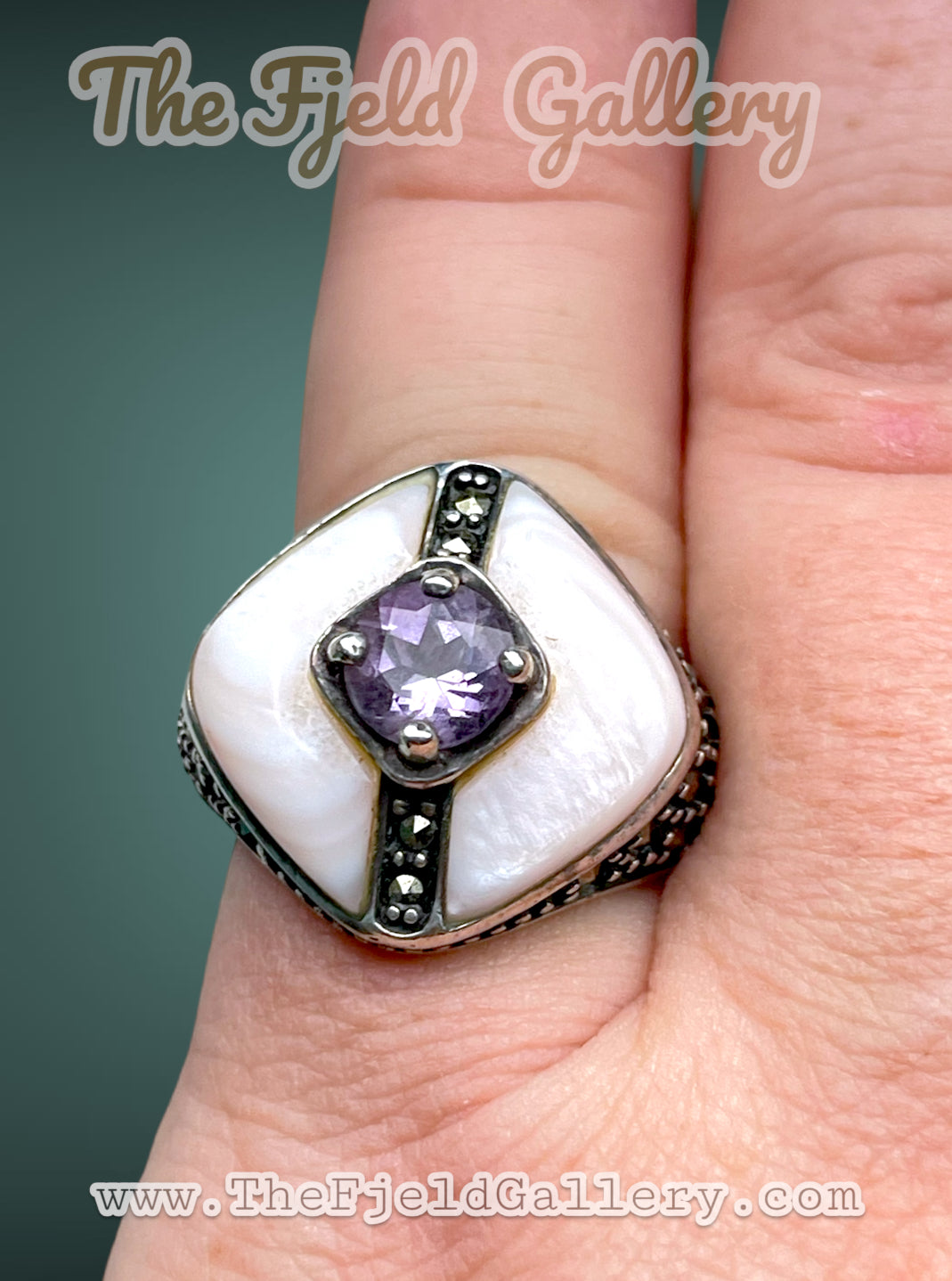 Art Deco Sterling Silver Marcasite Amethyst & Mother of Pearl Cocktail ring