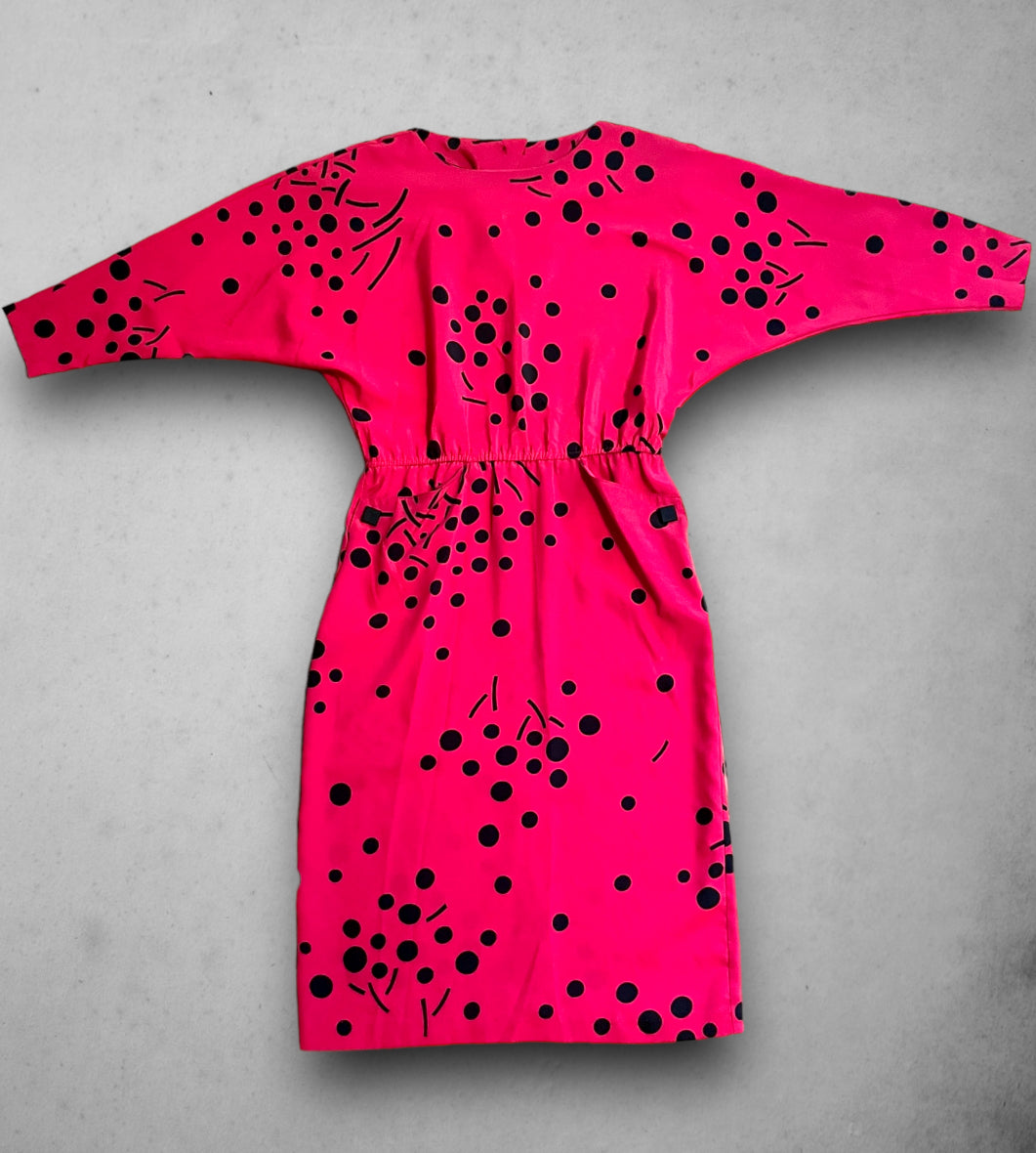 1980’s Pink Magenta Abstract Polka Dot Print Batwing Dress with Pockets