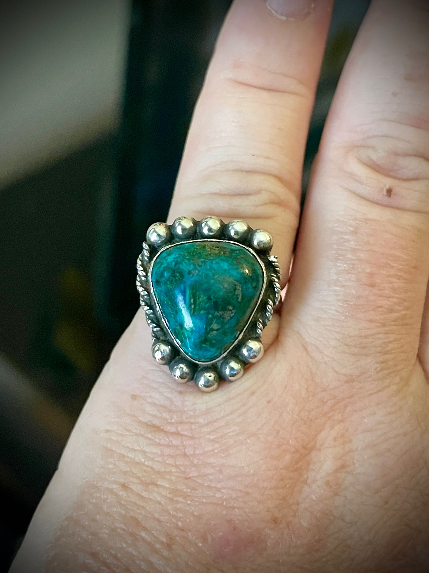Vintage Triangle Turquoise Sterling Silver Native American Ring Signed sz 6.75