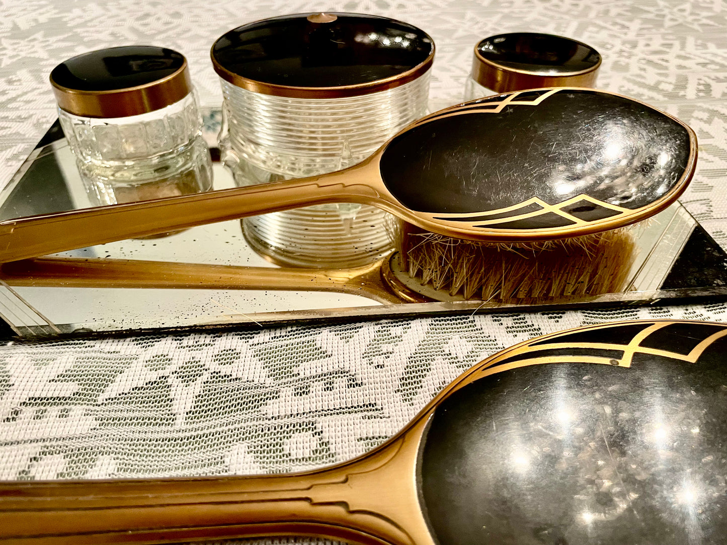 1950’s Mid Century Modern Vintage Black, Gold & Glass Mirror Vanity Set: Hand mirror, Hairbrush & Glass Jars