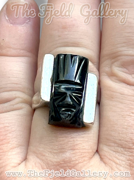 Black Onyx Carved Face Mask Taxco Mexico Sterling Silver JCOA Eagle 2 RING sz 7