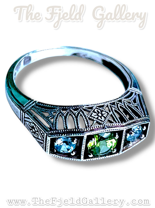 Aquamarine & Peridot Victorian Sterling Silver Filigree Ring sz 7.5