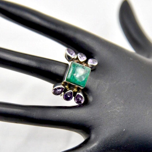 Vintage Chrysocolla & Amethyst Sterling Silver Ring Size 10