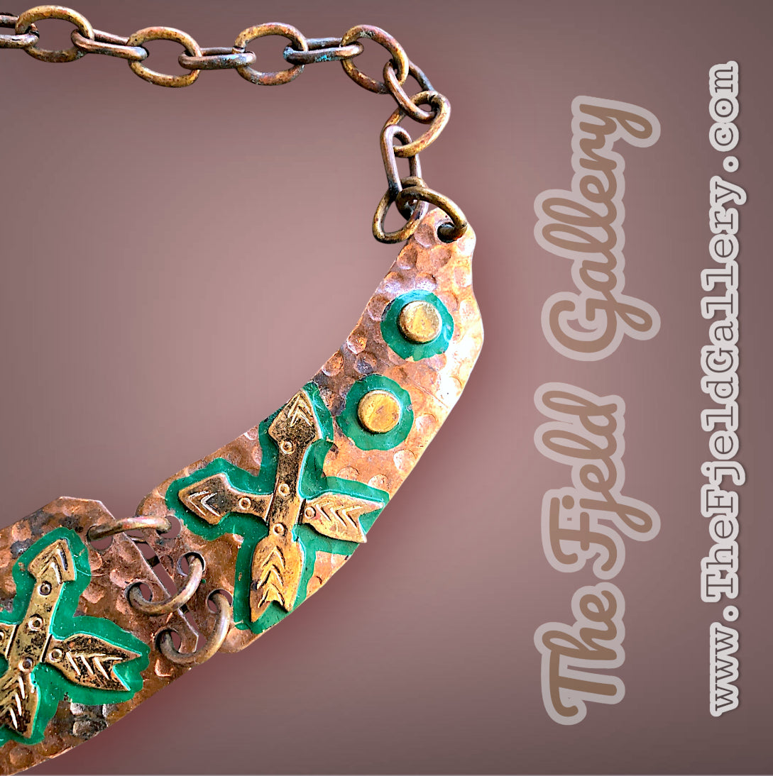 Mexican tribal hand hammered copper and brace tribal mask and arrow choker necklace