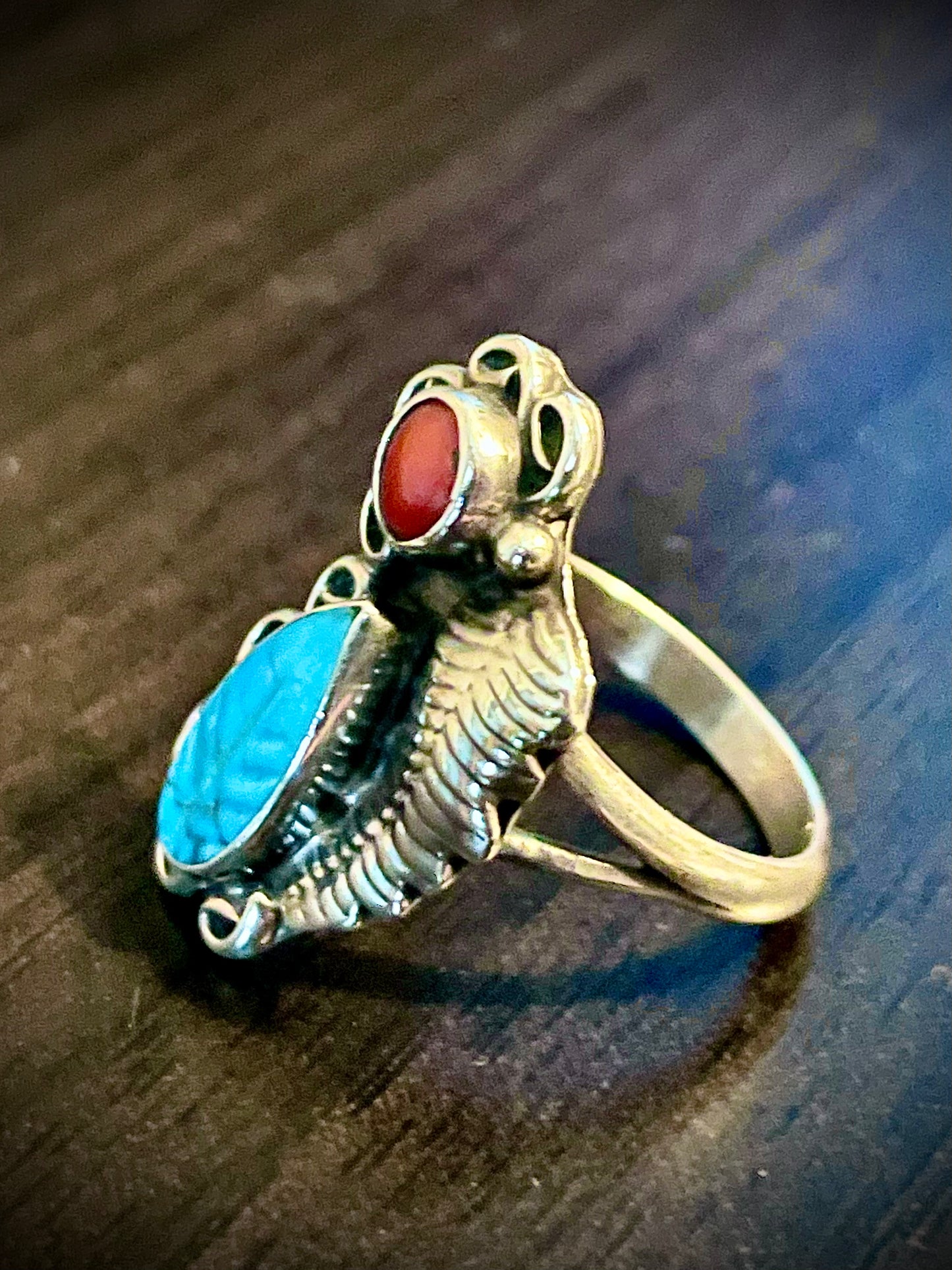 Native American Sterling Silver Turquoise Carved Leaf & Red Coral Ring w/ Leaf