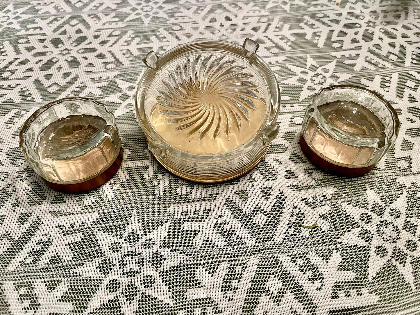 1950’s Mid Century Modern Vintage Black, Gold & Glass Mirror Vanity Set: Hand mirror, Hairbrush & Glass Jars