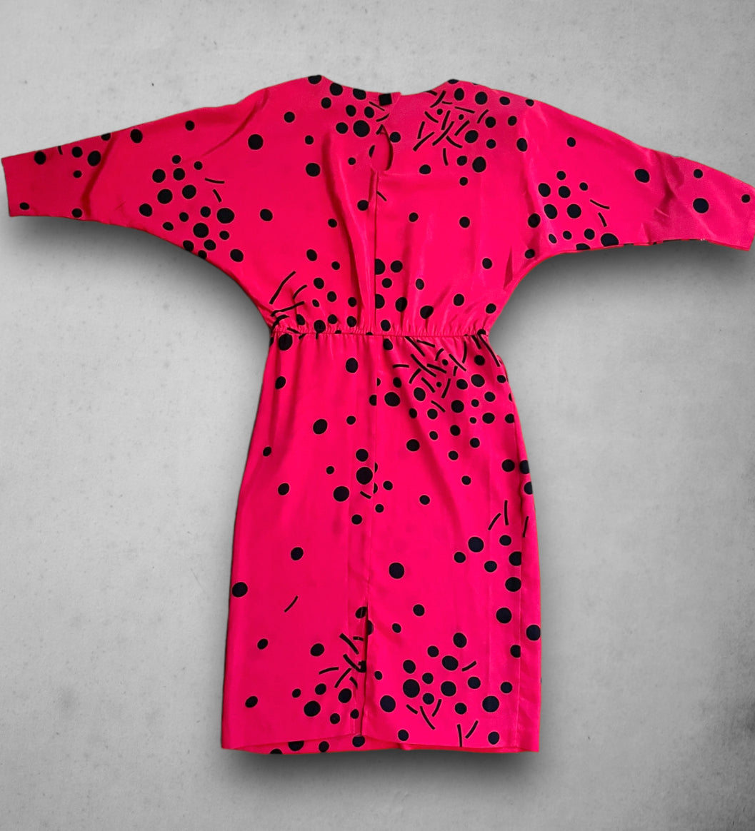 1980’s Pink Magenta Abstract Polka Dot Print Batwing Dress with Pockets