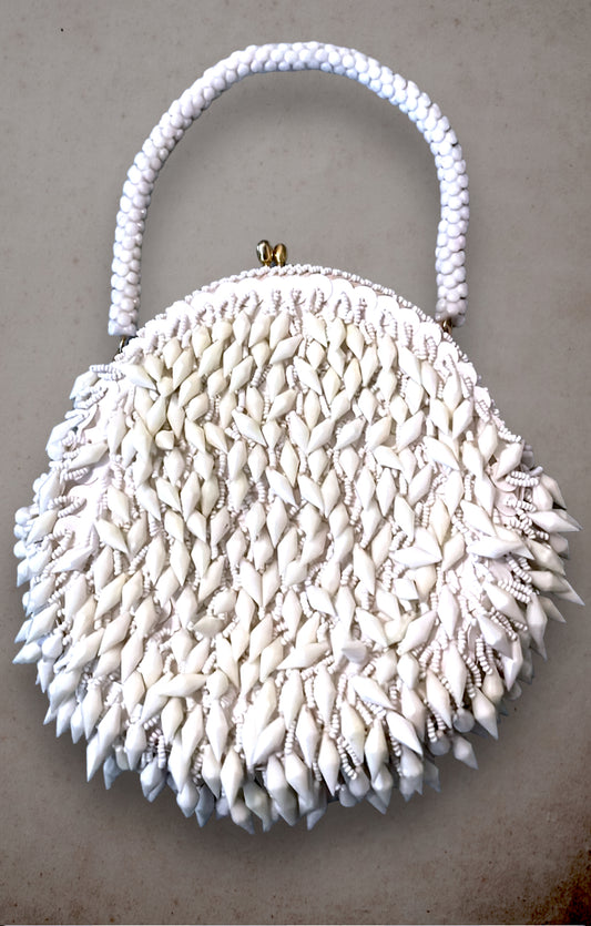 Vintage White Milk Glass Beaded Flapper Bag Purse