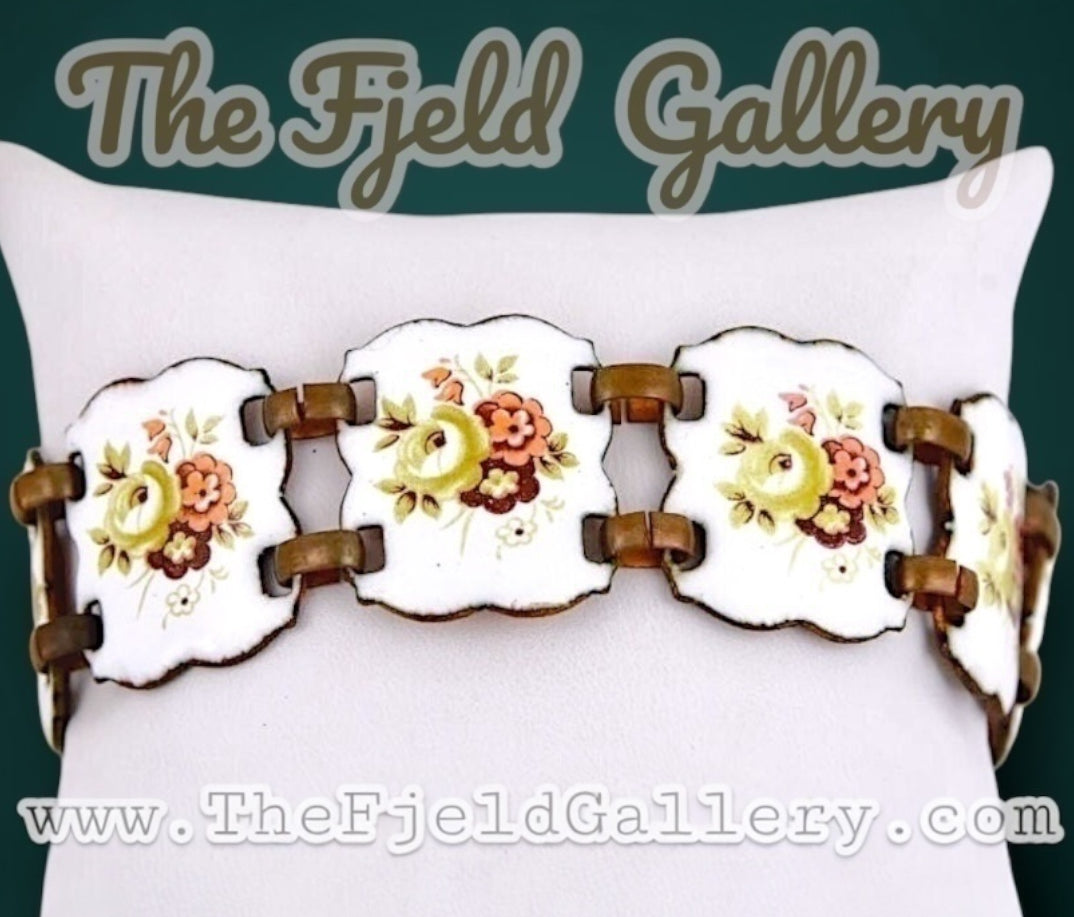 Vintage Copper Panel Bracelet with Flower Enamel Design