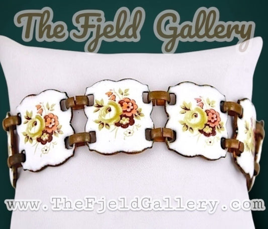 Vintage Copper Panel Bracelet with Flower Enamel Design