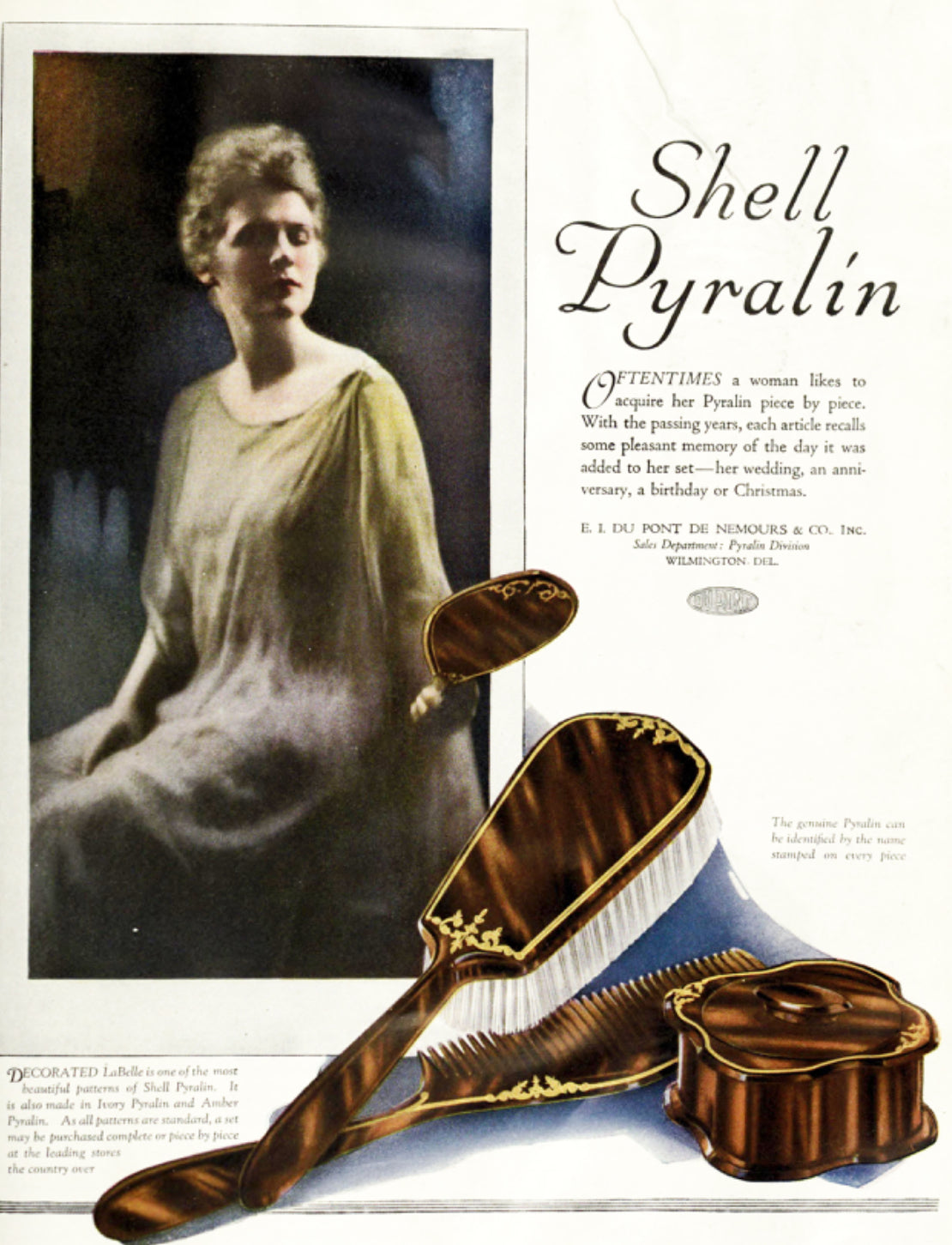 1920’s La Belle Tortoise Shell Pyralin Celluloid 7 pcs Vanity Set: Hand Mirror, Hair Brush & more