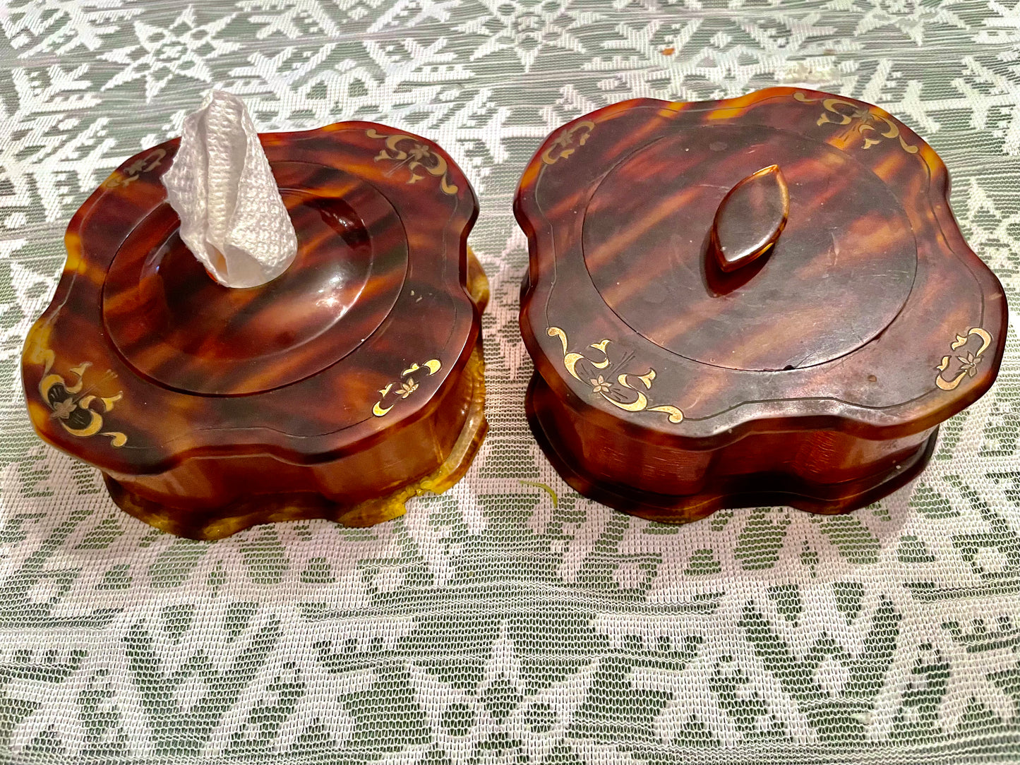 1920’s La Belle Tortoise Shell Pyralin Celluloid 7 pcs Vanity Set: Hand Mirror, Hair Brush & more