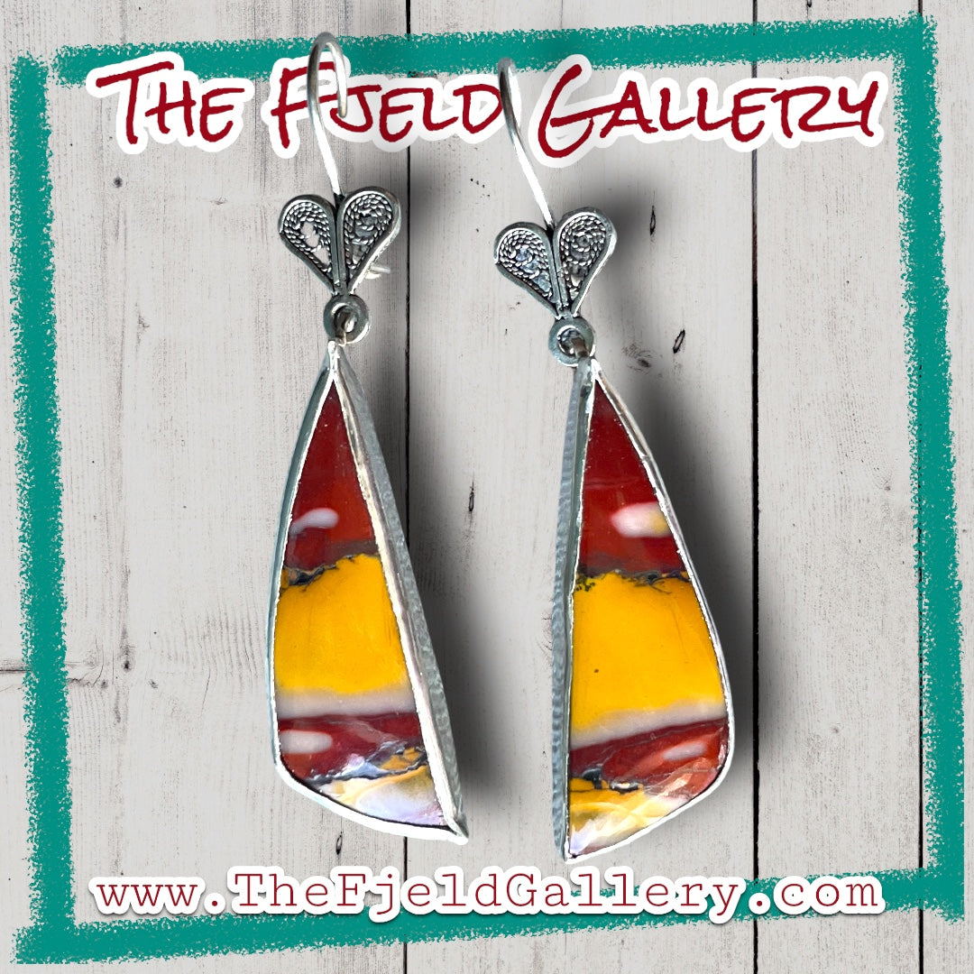 Handmade Picasso Jasper Gemstone Sterling Silver Heart Filigree Dangle Earrings